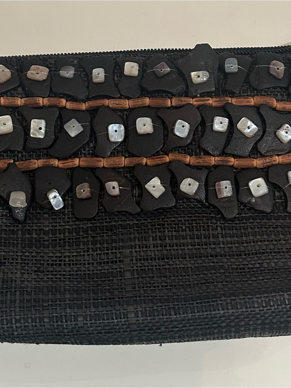 Black Linen Beaded Embellished Clutch Wristlet